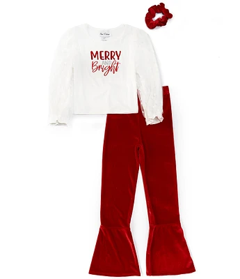 Rare Editions Big Girls 7-10 Long-Sleeve Merry And Bright Rib-Knit T-Shirt & Velvet Flare-Leg Pant Set