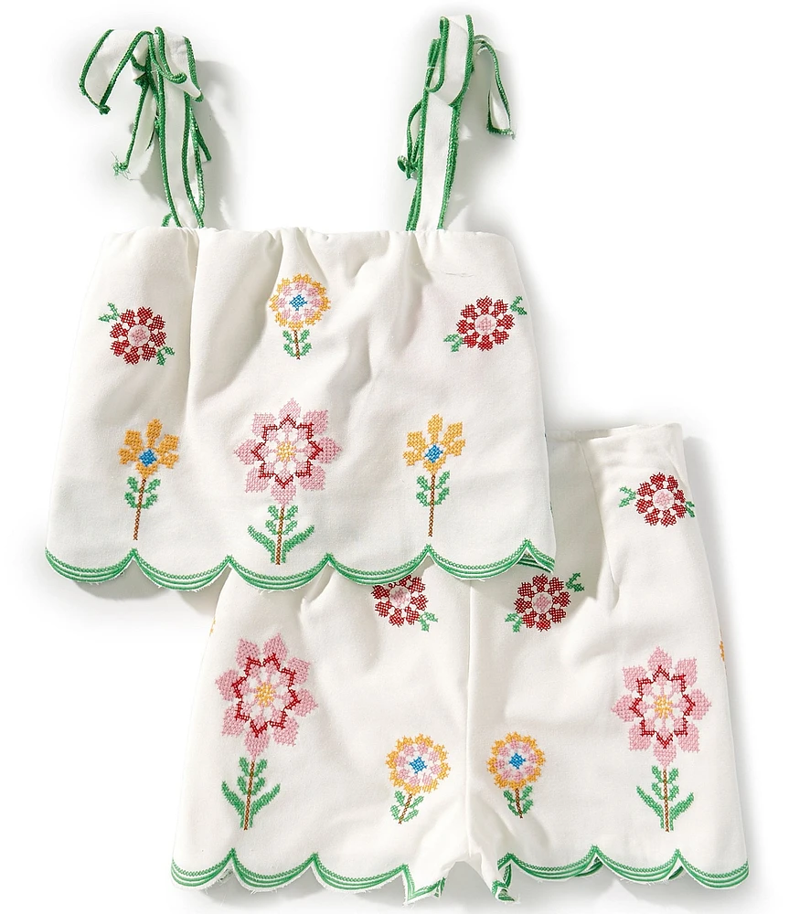 Rare Editions Big Girls Scallop Floral Embroidered Top & Shorts Set