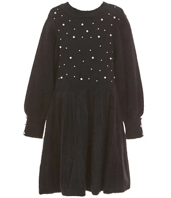 Rare Editions Big Girls 7-14 Long Sleeve Faux-Pearl-Embellished Fuzzy Sweater-Knit Fit-And-Flare Dress