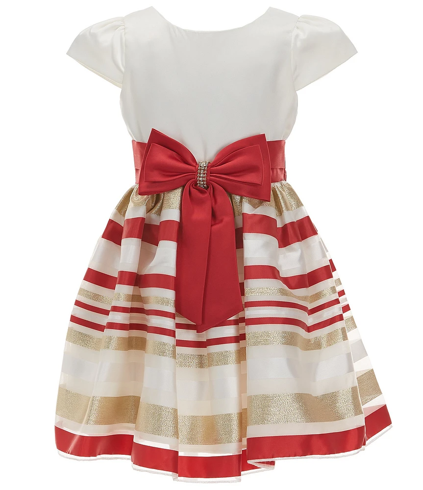 Rare Editions Big Girls 7-16 Cap-Sleeve Satin/Burnout-Striped Organza Fit & Flare Dress