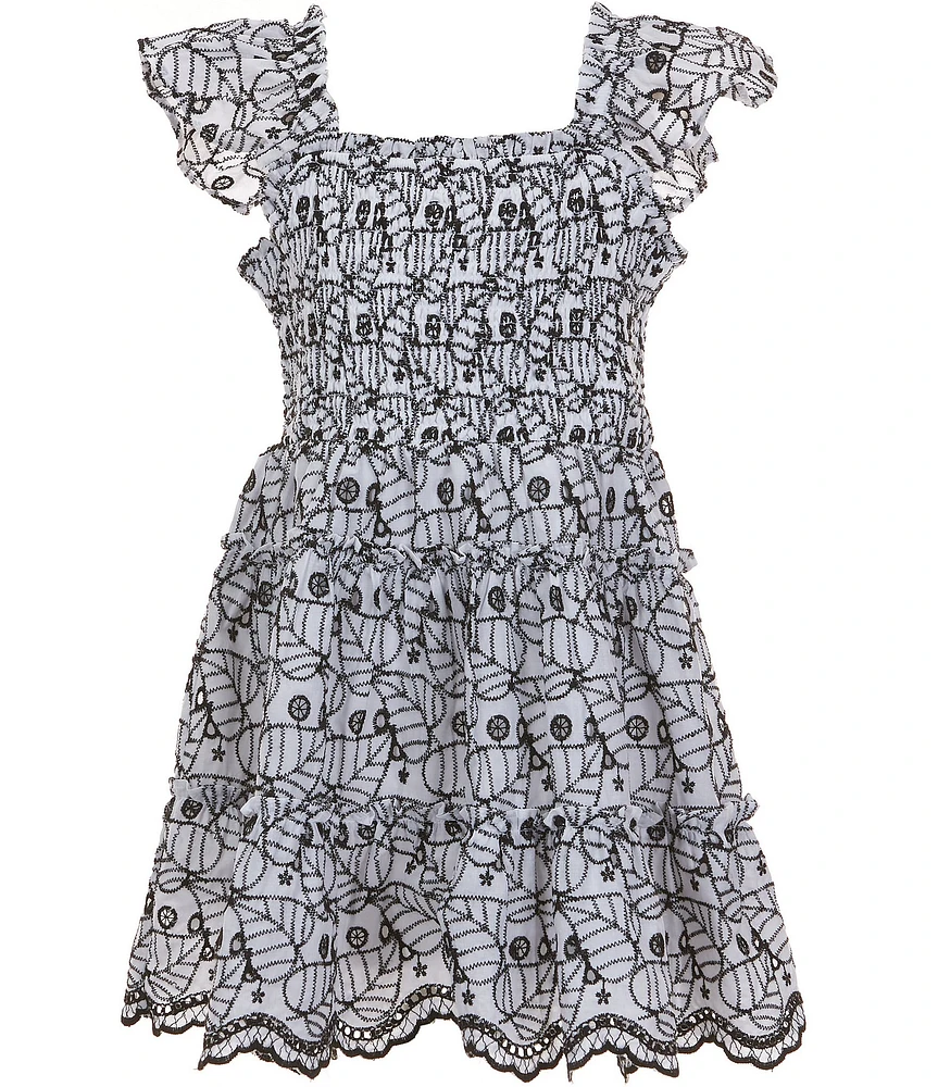 Rare Editions Big Girls 7-16 Eyelet Flutter Sleeve Smocked Scallop Hem Dress