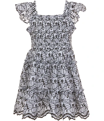 Rare Editions Big Girls 7-16 Eyelet Flutter Sleeve Smocked Scallop Hem Dress