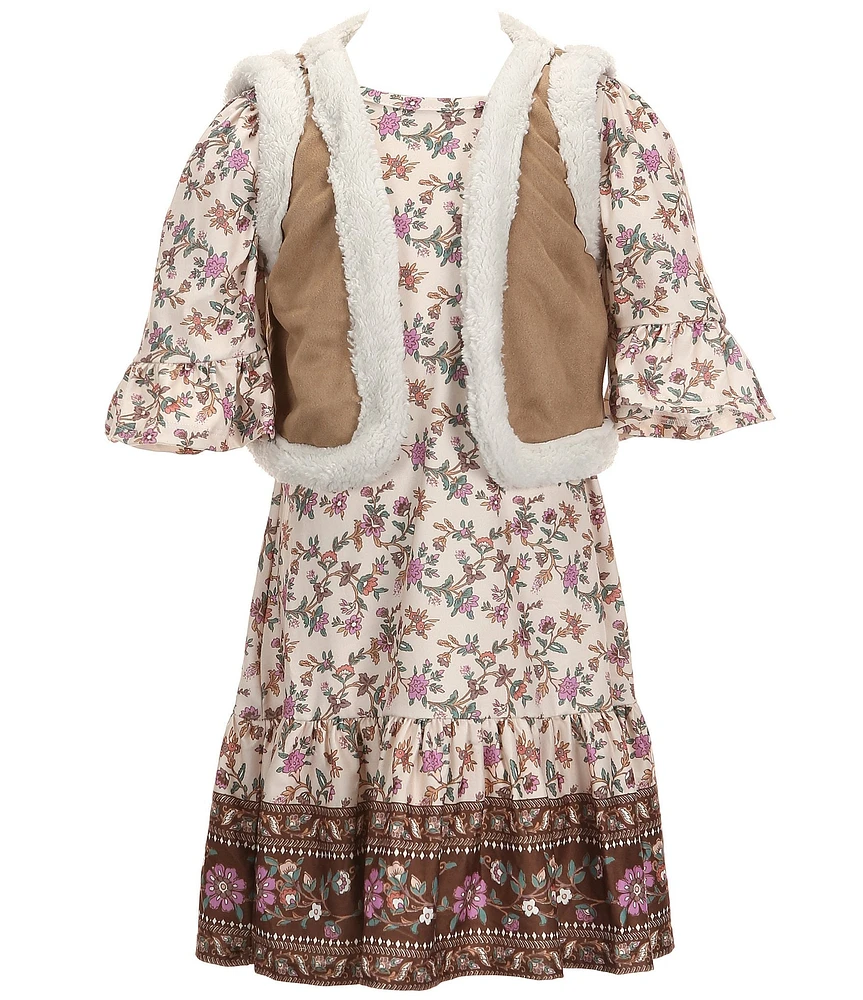 Rare Editions Big Girls 7-16 Faux-Suede/Faux-Fur Vest & Bell Sleeve Border-Printed Fit & Flare Dress Set