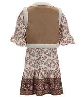 Rare Editions Big Girls 7-16 Faux-Suede/Faux-Fur Vest & Bell Sleeve Border-Printed Fit & Flare Dress Set