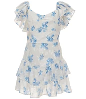 Rare Editions Big Girls 7-16 Floral Print Short Sleeve V-Waist Ruffle Dress