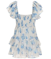Rare Editions Big Girls 7-16 Floral Print Short Sleeve V-Waist Ruffle Dress