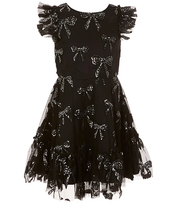 Rare Editions Big Girls 7-16 Flutter-Sleeve Sequin-Embellished Bow-Appliqued Mesh Fit-And-Flare Dress