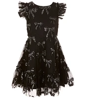 Rare Editions Big Girls 7-16 Flutter-Sleeve Sequin-Embellished Bow-Appliqued Mesh Fit-And-Flare Dress