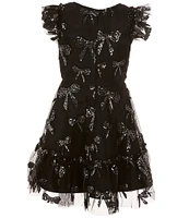 Rare Editions Big Girls 7-16 Flutter-Sleeve Sequin-Embellished Bow-Appliqued Mesh Fit-And-Flare Dress