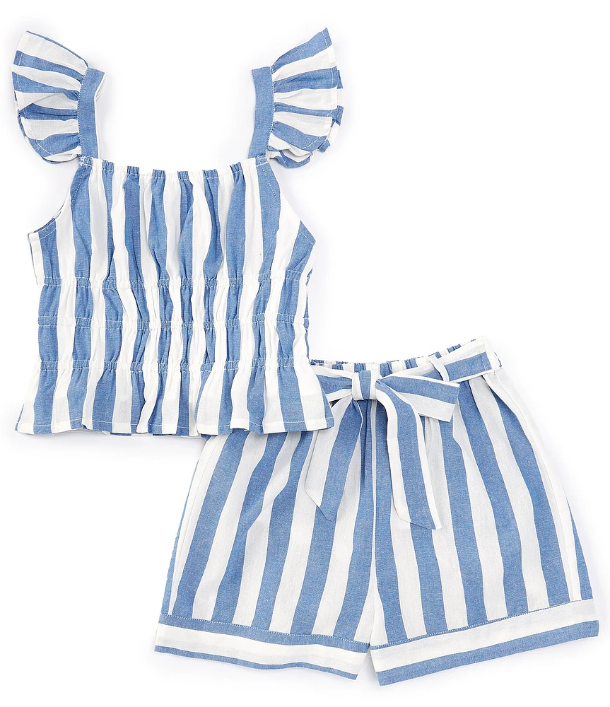 Rare Editions Big Girls 7-16 Flutter-Sleeve Vertical-Stripe Tunic Top & Matching Shorts Set