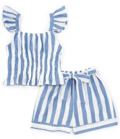 Rare Editions Big Girls 7-16 Flutter-Sleeve Vertical-Stripe Tunic Top & Matching Shorts Set