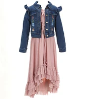 Rare Editions Big Girls 7-16 Long Sleeve Denim Jacket & Solid Gauze High-Low-Hem Long Dress