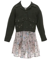 Rare Editions Big Girls 7-16 Long Sleeve Denim Utility Jacket & Floral-Printed Woven Long Dress