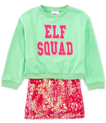 Rare Editions Big Girls 7-16 Long-Sleeve Elf Squad Fleece Sweatshirt & Sleeveless Sequin-Embellished Sheath Dress Set