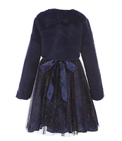 Rare Editions Big Girls 7-16 Long-Sleeve Faux-Fur Shrug & Short-Sleeve Printed Fit-And-Flare Social Dress Set