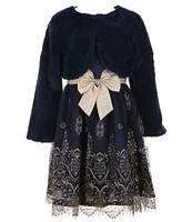 Rare Editions Big Girls 7-16 Long Sleeve Faux-Fur Shrug & Sleeveless Solid/Glitter-Patterned Fit & Flare Dress Set