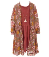 Rare Editions Big Girls 7-16 Long-Sleeve Floral-Printed Dobby Kimono, Waffle Knit Fit-And-Flare Dress & Necklace Set