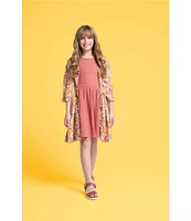 Rare Editions Big Girls 7-16 Long-Sleeve Floral-Printed Dobby Kimono, Waffle Knit Fit-And-Flare Dress & Necklace Set