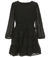 Rare Editions Big Girls 7-16 Long-Sleeve Fringe-Accented Sequin-Embellished Clip-Dot Fit-And-Flare Dress