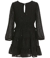 Rare Editions Big Girls 7-16 Long-Sleeve Fringe-Accented Sequin-Embellished Clip-Dot Fit-And-Flare Dress