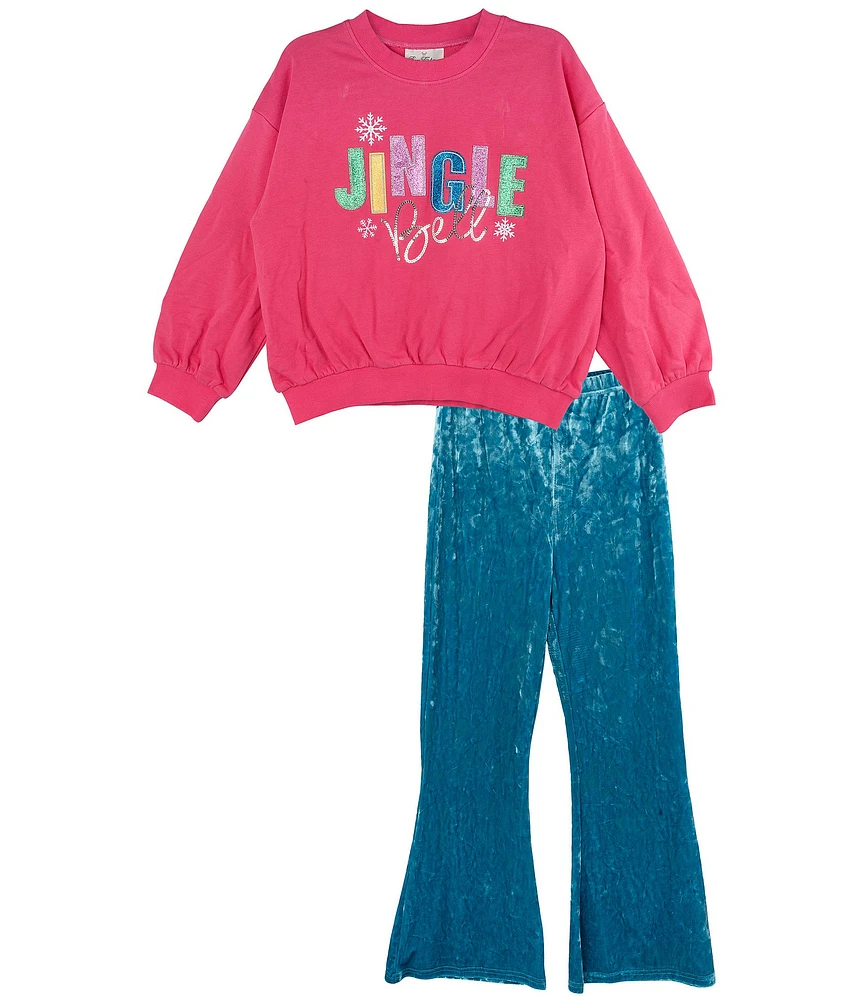 Rare Editions Big Girls 7-16 Long-Sleeve Jingle Bell Sweatshirt & Stretch Velvet Wide-Leg Pant Set