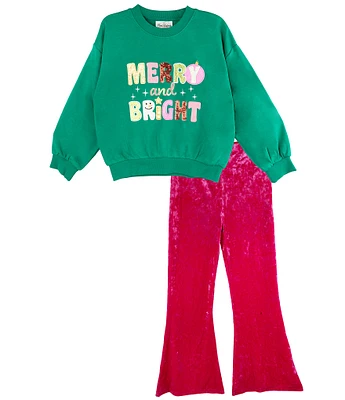 Rare Editions Big Girls 7-16 Long Sleeve Merry & Bright French Terry Sweatshirt & Solid Stretch Velvet Wide-Leg Pant Set