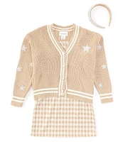 Rare Editions Big Girls 7-16 Long-Sleeve Star Appliqued Cardigan & Checked Dress Set