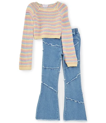 Rare Editions Big Girls 7-16 Long-Sleeve Striped Crocheted Sweater & Distressed Denim Jeans Set