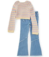 Rare Editions Big Girls 7-16 Long-Sleeve Striped Crocheted Sweater & Distressed Denim Jeans Set