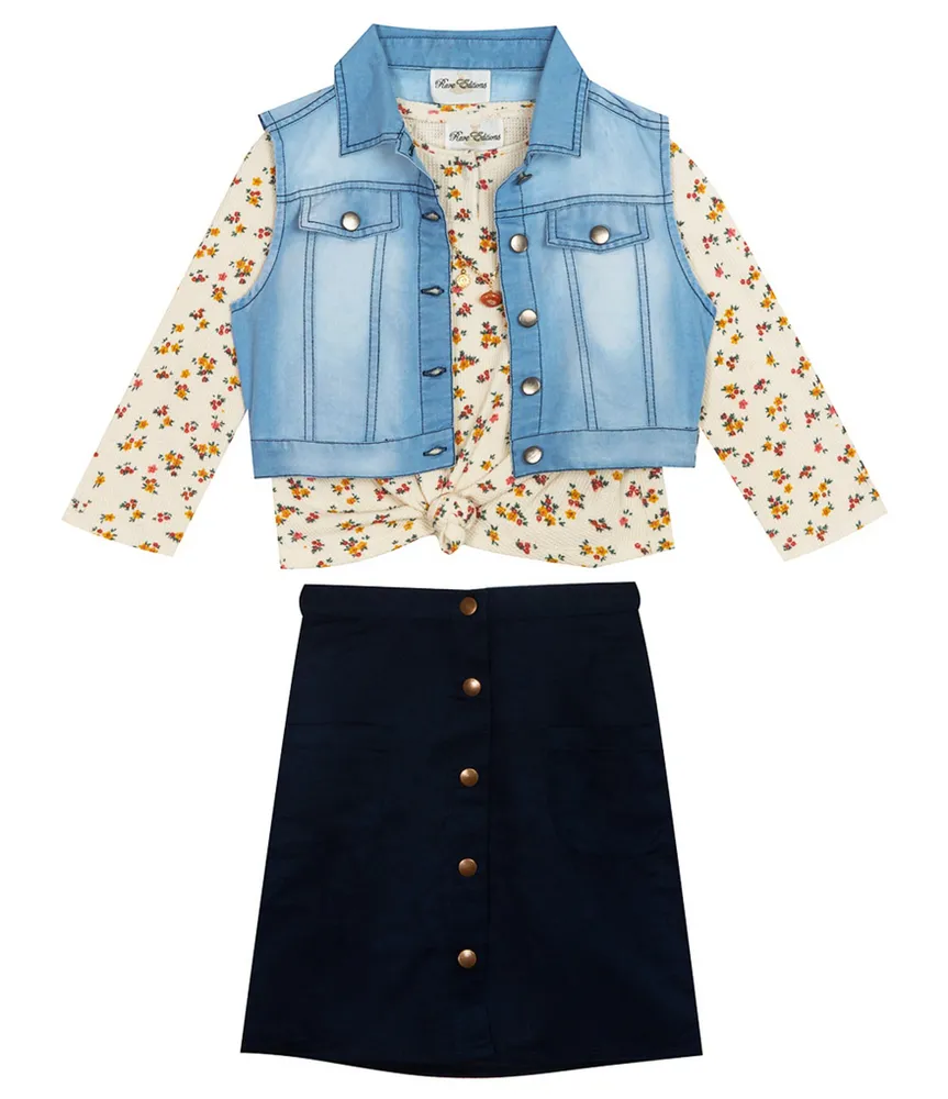 Rare Editions Big Girls 7-16 Long Sleeve Waffle Floral Top with Denim Vest & Skirt 4-Piece Set