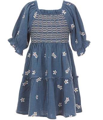 Rare Editions Big Girls Puffed-Sleeve Floral-Embroidered Textured-Gauze Fit-And-Flare Dress