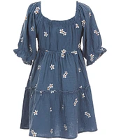 Rare Editions Big Girls Puffed-Sleeve Floral-Embroidered Textured-Gauze Fit-And-Flare Dress