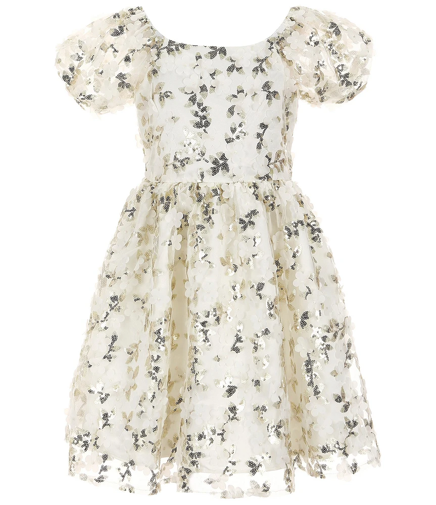 Rare Editions Big Girls 7-16 Puffed-Sleeve Sequin-Embellished Floral-Soutache-Embroidered Fit-And-Flare Dress