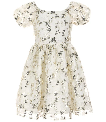 Rare Editions Big Girls 7-16 Puffed-Sleeve Sequin-Embellished Floral-Soutache-Embroidered Fit-And-Flare Dress