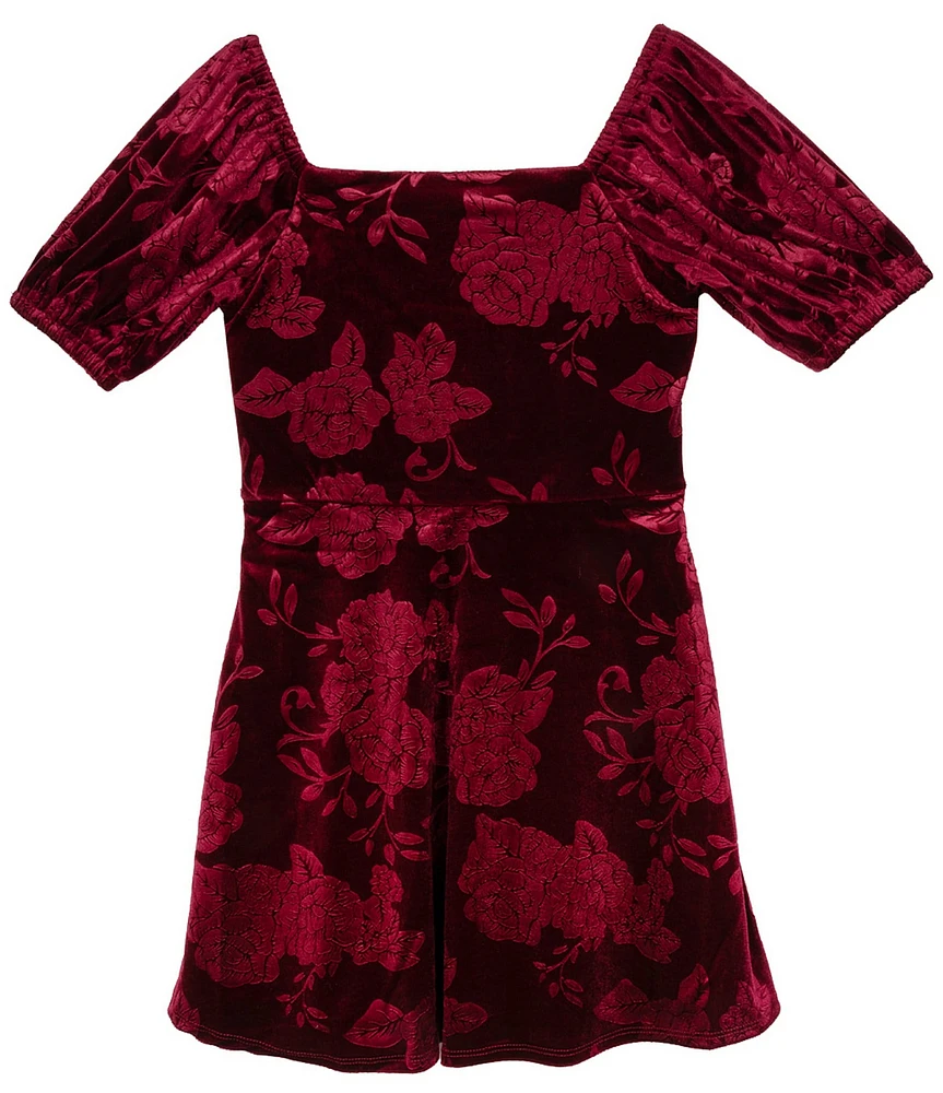 Rare Editions Big Girls 7-16 Short-Sleeve Embossed Floral Velvet Fit-And-Flare Dress