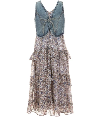 Rare Editions Big Girls Sleeveless Denim Tie-Front Vest & Sleeveless Floral Printed Chiffon Dress Set
