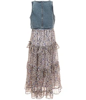 Rare Editions Big Girls Sleeveless Denim Tie-Front Vest & Sleeveless Floral Printed Chiffon Dress Set