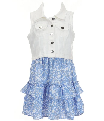 Rare Editions Big Girls Sleeveless Denim Vest & Ditsy-Floral-Printed Fit-And-Flare Dress