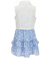 Rare Editions Big Girls Sleeveless Denim Vest & Ditsy-Floral-Printed Fit-And-Flare Dress