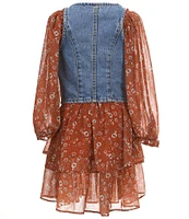 Rare Editions Big Girls 7-16 Sleeveless Denim Vest & Long Sleeve Floral-Printed Chiffon Fit & Flare Dress Set