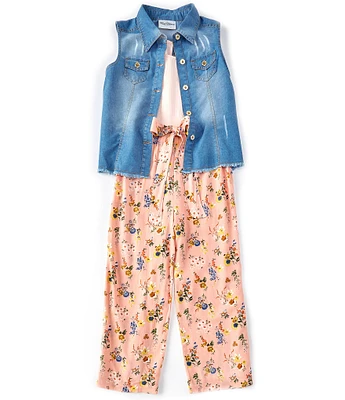 Rare Editions Big Girls Sleeveless Denim Vest, Solid Sleeveless Rib-Knit Tank & Floral Print Woven Palazzo Pants