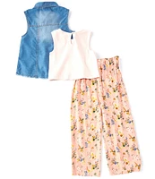 Rare Editions Big Girls Sleeveless Denim Vest, Solid Sleeveless Rib-Knit Tank & Floral Print Woven Palazzo Pants