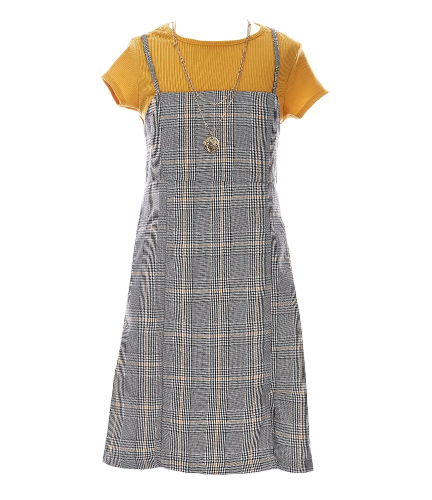 Rare Editions Big Girls 7-16 Sleeveless Plaid Challis Jumper Dress, Short-Sleeve Knit Top, Necklace & Hair Bow 4-Piece Set