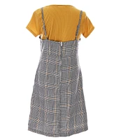 Rare Editions Big Girls 7-16 Sleeveless Plaid Challis Jumper Dress, Short-Sleeve Knit Top, Necklace & Hair Bow 4-Piece Set