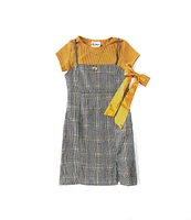 Rare Editions Big Girls 7-16 Sleeveless Plaid Challis Jumper Dress, Short-Sleeve Knit Top, Necklace & Hair Bow 4-Piece Set