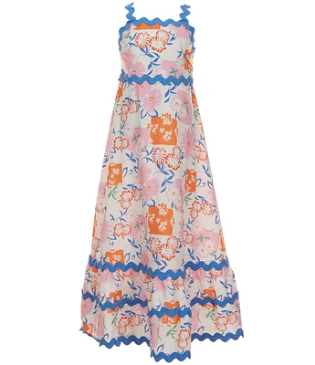Rare Editions Big Girls 7-16 Sleeveless Printed Sateen Ricrac-Trim Long Dress