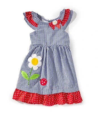 Rare Editions Little Girls 2T-4T Flutter-Sleeve Daisy/Ladybug-Appliqued Gingham Seersucker Fit-And-Flare Dress