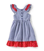 Rare Editions Little Girls 2T-4T Flutter-Sleeve Daisy/Ladybug-Appliqued Gingham Seersucker Fit-And-Flare Dress
