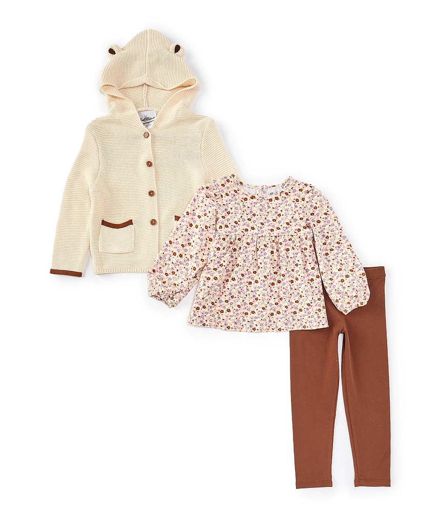 Rare Editions Little Girls 2T-4T Long Sleeve Bear Hooded Knit Cardigan, Floral-Printed Knit Top & Solid Jersey Leggings Set