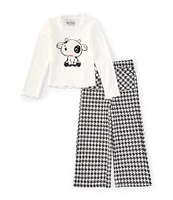 Rare Editions Little Girls 2T-4T Long Sleeve Sherpa Cow-Applique Sweater-Knit Top & Houndstooth Pattern Wide-Leg Pant Set